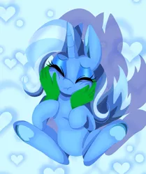 Size: 1245x1487 | Tagged: safe, artist:stacy_165cut, derpibooru import, trixie, oc, oc:anon, pony, unicorn, blue background, cheek squish, cute, diatrixes, disembodied hand, eyes closed, female, hand, heart, heart background, horn, image, jpeg, mare, offscreen character, petting, simple background, solo focus, squishy cheeks, underhoof