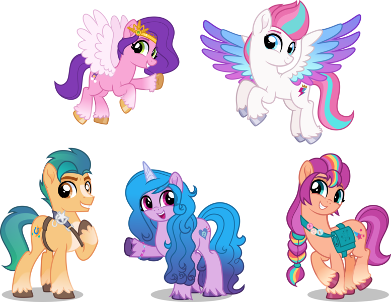 Size: 10000x7726 | Tagged: safe, artist:n0kkun, derpibooru import, hitch trailblazer, izzy moonbow, pipp petals, sunny starscout, zipp storm, earth pony, pegasus, pony, unicorn, absurd resolution, female, g4, g5, g5 to g4, generation leap, grin, image, male, mane five (g5), mare, open mouth, open smile, png, simple background, smiling, stallion, transparent background, vector