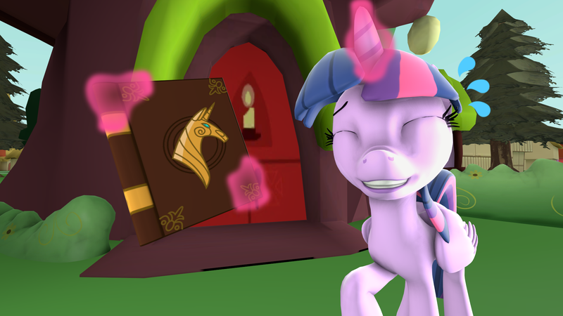 Size: 1920x1080 | Tagged: safe, artist:sketchmcreations, derpibooru import, twilight sparkle, twilight sparkle (alicorn), alicorn, 3d, awkward smile, book, book of harmony, derpibooru exclusive, download at source, downloadable, eyes closed, glow, glowing horn, golden oaks library, horn, image, library, magic, outdoors, png, ponyville, raised hoof, smiling, source filmmaker, sweat, sweatdrops, telekinesis