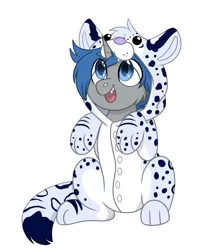 Size: 1740x2164 | Tagged: safe, artist:rokosmith26, derpibooru import, oc, oc:far tail, unofficial characters only, pony, unicorn, animal onesie, blue eyes, cheek fluff, clothes, commission, eye clipping through hair, happy, horn, image, looking up, male, onesie, open mouth, png, simple background, sitting, smiling, solo, stallion, teeth, transparent background, unicorn oc, ych result, your character here