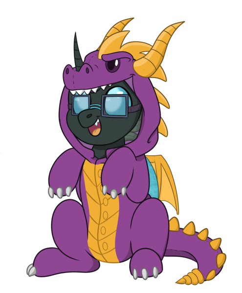 Size: 1820x2208 | Tagged: safe, artist:rokosmith26, derpibooru import, oc, oc:tarsi, unofficial characters only, changeling, animal onesie, changeling oc, clothes, commission, glasses, happy, horn, image, looking up, male, onesie, open mouth, png, simple background, sitting, smiling, solo, spyro the dragon, spyro the dragon (series), teeth, transparent background, ych result, your character here