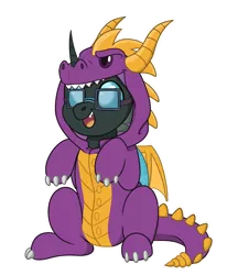 Size: 1820x2208 | Tagged: safe, artist:rokosmith26, derpibooru import, oc, oc:tarsi, unofficial characters only, changeling, pony, animal onesie, changeling oc, clothes, commission, glasses, happy, horn, image, looking up, male, onesie, open mouth, png, simple background, sitting, smiling, solo, spyro the dragon, spyro the dragon (series), stallion, teeth, transparent background, ych result, your character here