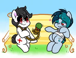 Size: 1300x1000 | Tagged: safe, artist:paperbagpony, derpibooru import, oc, oc:black fox, oc:delta vee, bench, blushing, food, ice cream, image, one eye closed, png, rope, wink