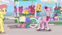 Size: 520x293 | Tagged: safe, derpibooru import, screencap, hitch trailblazer, posey (g5), sunny starscout, earth pony, pony, my little pony: tell your tale, spoiler:g5, spoiler:my little pony: tell your tale, spoiler:tyts01e16, animated, dahlia, female, flower, g5, gif, image, male, mare, neighfever, stallion