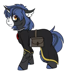 Size: 818x880 | Tagged: safe, artist:rokosmith26, derpibooru import, oc, oc:nova ruin, unofficial characters only, pony, unicorn, bag, clothes, eye clipping through hair, female, filly, foal, gem, horn, image, jewelry, markings, necklace, png, robe, simple background, smiling, solo, standing, tail, transparent background, two toned mane, two toned tail, unicorn oc