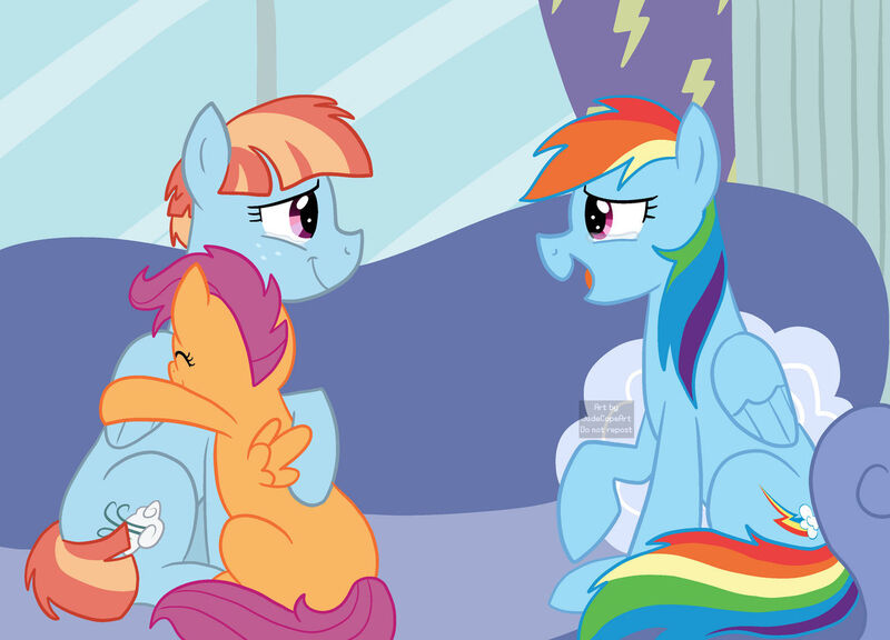 Size: 1280x921 | Tagged: safe, artist:queertrixie, derpibooru import, rainbow dash, scootaloo, windy whistles, pony, fanfic art, hug, image, jpeg