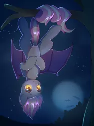 Size: 3000x4000 | Tagged: safe, artist:morealy, derpibooru import, oc, oc:woodgu, unofficial characters only, bat pony, pony, bat pony oc, bat wings, dock, female, full moon, hand, hanging, hanging upside down, image, looking at you, mare, moon, png, prehensile tail, solo, spread wings, tail, tree, tree branch, upside down, wings