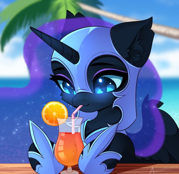 Size: 2342x2272 | Tagged: safe, artist:airiniblock, derpibooru import, nightmare moon, alicorn, pony, alcohol, chest fluff, cocktail, commission, cute, drink, ear fluff, eye clipping through hair, female, food, horn, icon, image, moonabetes, ocean, orange, palm tree, png, solo, tree, water, wings, ych result