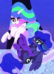 Size: 1175x1600 | Tagged: safe, artist:stacy_165cut, derpibooru import, princess celestia, princess luna, alicorn, pony, bed, clothes, dock, duo, duo female, female, folded wings, horn, image, jpeg, kneesocks, looking at someone, lying down, mare, missing accessory, on back, pillow, raised hoof, socks, tail, tongue out, wings