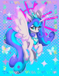 Size: 1230x1576 | Tagged: safe, artist:stacy_165cut, derpibooru import, princess flurry heart, alicorn, butterfly, insect, pony, blue background, female, horn, image, jewelry, jpeg, looking at you, mare, older, older flurry heart, purple background, regalia, simple background, solo, spread wings, wings
