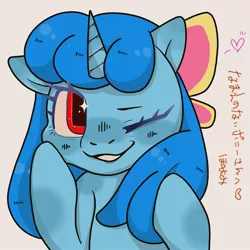 Size: 2048x2048 | Tagged: safe, artist:usapipoyoyo, derpibooru import, oc, unofficial characters only, pony, unicorn, female, heart, horn, image, japanese, jpeg, looking at you, mare, moon runes, one eye closed, simple background, solo, wink, winking at you