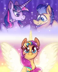 Size: 960x1200 | Tagged: safe, artist:northernlightsone, derpibooru import, flash sentry, sunny starscout, twilight sparkle, twilight sparkle (alicorn), alicorn, earth pony, pegasus, pony, g5, my little pony: a new generation, ancestors, female, flashlight, headcanon, heart, heart eyes, image, looking at you, male, mare, png, race swap, shipping, smiling, smiling at you, spirit, spread wings, stallion, straight, sunnycorn, wingding eyes, wings