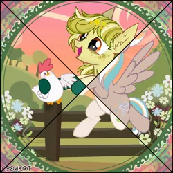 Size: 1024x1024 | Tagged: safe, artist:syriskater, derpibooru import, oc, unofficial characters only, bird, chicken, pegasus, pony, ear fluff, female, image, jpeg, mare, outdoors, pegasus oc, smiling, solo, wings