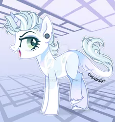 Size: 1024x1088 | Tagged: safe, artist:syriskater, derpibooru import, oc, unofficial characters only, pony, unicorn, abstract background, deviantart watermark, ear piercing, eyelashes, female, horn, image, jpeg, leonine tail, mare, obtrusive watermark, piercing, smiling, solo, tail, unicorn oc, watermark