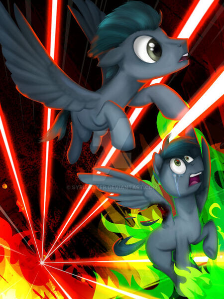 Size: 600x800 | Tagged: safe, artist:syriskater, derpibooru import, oc, unofficial characters only, pegasus, pony, abstract background, crying, deviantart watermark, duo, flying, image, jpeg, laser, obtrusive watermark, pegasus oc, watermark, wings