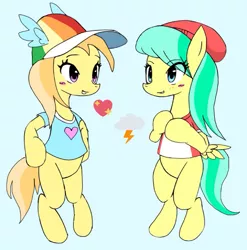 Size: 1011x1023 | Tagged: safe, artist:ponysprinkles, derpibooru import, barley barrel, noi, earth pony, pegasus, pony, beanie, bipedal, blue background, cap, clothes, duo, duo female, eye clipping through hair, female, filly, foal, hat, heart, image, jpeg, simple background, wings