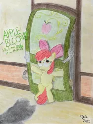 Size: 3024x4032 | Tagged: safe, artist:oneighsayeresq, artist:opti, artist:pianoflagerag, derpibooru import, apple bloom, applejack, earth pony, elephant, pony, atg 2022, bipedal, door, female, filly, foal, hiding, image, jpeg, mare, newbie artist training grounds, offscreen character, shadow, siblings, sisters, text, traditional art