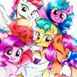 Size: 3000x3000 | Tagged: safe, artist:liaaqila, derpibooru import, hitch trailblazer, izzy moonbow, pipp petals, sprout cloverleaf, sunny starscout, zipp storm, earth pony, pegasus, pony, unicorn, commission, female, g5, image, jpeg, male, mane five (g5), mare, my little pony, new mane six (g5), open mouth, open smile, smiling, stallion, tongue out