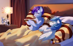 Size: 4536x2889 | Tagged: safe, artist:alus, derpibooru import, oc, oc:dr.lancet dois, oc:dr.picsell dois, unofficial characters only, pegasus, bed, father and child, father and son, image, male, png, reading, sleeping