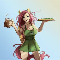 Size: 4000x4000 | Tagged: suggestive, artist:miokomata, derpibooru import, fluttershy, anthro, human, apron, big breasts, breasts, busty fluttershy, chest freckles, cleavage, clothes, drink, eared humanization, erect nipples, female, food, freckles, freckleshy, humanized, image, jpeg, mug, naked apron, nipple outline, partial nudity, shoulder freckles, solo, solo female, winged humanization, wings