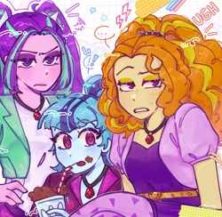 Size: 1476x1441 | Tagged: safe, artist:aj2020ahgd, derpibooru import, adagio dazzle, aria blaze, sonata dusk, equestria girls, ..., clothes, drink, drinking straw, emanata, exclamation point, female, gem, hand on hip, image, jewelry, jpeg, looking at you, necklace, simple background, siren gem, tongue out, trio, trio female, white background