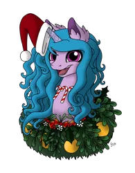 Size: 1554x1989 | Tagged: safe, artist:lucktail, derpibooru import, izzy moonbow, pony, unicorn, candy, candy cane, christmas, food, g5, hat, holiday, image, png, santa hat, simple background, solo, transparent background