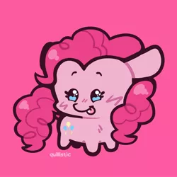 Size: 2000x2000 | Tagged: safe, artist:oodlesstuff, derpibooru import, pinkie pie, earth pony, pony, beady eyes, chibi, female, image, jpeg, mare, pink background, simple background, solo, tongue out