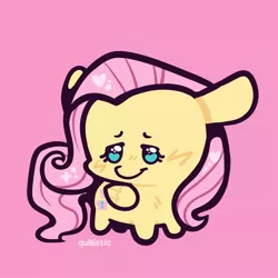 Size: 2000x2000 | Tagged: safe, artist:oodlesstuff, derpibooru import, fluttershy, pegasus, pony, beady eyes, chibi, female, folded wings, image, jpeg, mare, pink background, simple background, solo, wings