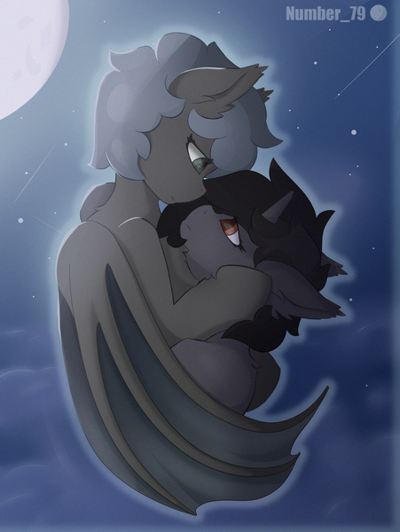 Size: 1501x1996 | Tagged: safe, artist:number_79, derpibooru import, oc, oc:batty, oc:kate becker, unofficial characters only, bat pony, pony, unicorn, ear fluff, female, hug, image, jpeg