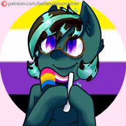 Size: 1000x1000 | Tagged: safe, artist:trr_bc, derpibooru import, oc, oc:ray, unofficial characters only, earth pony, flag, genderfluid pride flag, glasses, image, nonbinary pride flag, pansexual pride flag, png, pride, pride flag, purple eyes, simple background