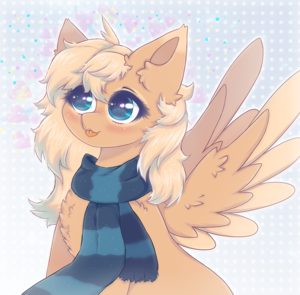 Size: 2040x2000 | Tagged: safe, artist:saltyvity, derpibooru import, oc, pegasus, pony, big eyes, blue background, blue eyes, clothes, cute, ear fluff, embarrassed, fluffy, gift art, heart, image, licking, licking lips, png, scarf, simple background, solo, sparkly eyes, tongue out, wingding eyes