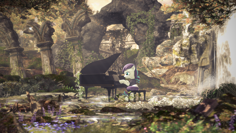 Size: 3840x2160 | Tagged: safe, artist:laylahorizonsfm, derpibooru import, coloratura, earth pony, pony, 3d, abandoned, destroyed, image, lore, musical instrument, piano, png, rara, river, ruins, scenery, solo, source filmmaker, tree, water