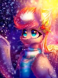 Size: 1088x1454 | Tagged: safe, artist:limreiart, derpibooru import, oc, oc:lighty dust, unofficial characters only, pegasus, pony, bust, clothes, ear fluff, female, image, mare, night, pegasus oc, png, portrait, raised hoof, scarf, smiling, snow, snowfall, solo, solo female, wings