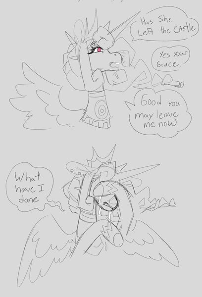 Size: 2014x2962 | Tagged: safe, artist:scarfyace, derpibooru import, princess celestia, alicorn, alternate design, alternate hairstyle, apology, comic, crown, crying, hoof on face, image, jewelry, jpeg, necklace, raised hoof, redesign, regalia, sketch, speech bubble, text