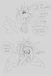 Size: 2014x2962 | Tagged: safe, artist:scarfyace, derpibooru import, princess celestia, alicorn, alternate design, alternate hairstyle, apology, comic, crown, crying, hoof on face, image, jewelry, jpeg, necklace, raised hoof, redesign, regalia, sketch, speech bubble, text
