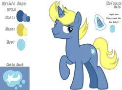 Size: 3856x2820 | Tagged: safe, artist:kimmyartmlp, derpibooru import, oc, oc:mythic blue hope, unofficial characters only, pony, unicorn, audio drama, base, bedroom eyes, cute, cutie mark, horn, image, life's a breeze, male, next generation, png, reference sheet, simple background, smiling, stallion, stud, transparent background, unicorn oc, yellow mane