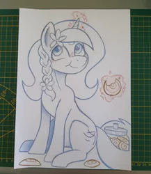 Size: 3024x3488 | Tagged: safe, artist:balychen, derpibooru import, oc, oc:cinnamon string, unofficial characters only, pony, unicorn, blushing, braid, cookie, cookie jar, female, flower, flower in hair, food, horn, image, jpeg, magic, mare, ponysona, sketch, smiling, solo, traditional art, unicorn oc