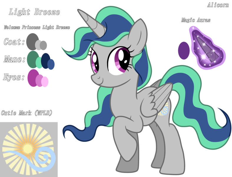 Size: 3415x2599 | Tagged: safe, artist:kimmyartmlp, derpibooru import, oc, oc:light breeze, unofficial characters only, alicorn, pony, audio drama, base, cute, cutie mark, female, happy, image, life's a breeze, looking at someone, magic, mare, next generation, ocbetes, offspring, parent:king sombra, parent:princess celestia, parents:celestibra, png, princess, purple eyes, simple background, smiling, text, transparent background, wings