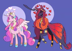 Size: 2624x1891 | Tagged: safe, artist:scarfyace, derpibooru import, princess cadance, queen chrysalis, alicorn, butterfly, changeling, insect, alternate cutie mark, alternate design, alternate hairstyle, boa, butterfly wings, crown, egyptian, fangs, frown, halo, heart, heart eyes, hoof shoes, horn, image, jewelry, jpeg, lipstick, long hair, long horn, long mane, monarch butterfly, necklace, raised hoof, redesign, regalia, scarab beetle, scorpion tail, seashell, smiling, tail, wingding eyes, wings
