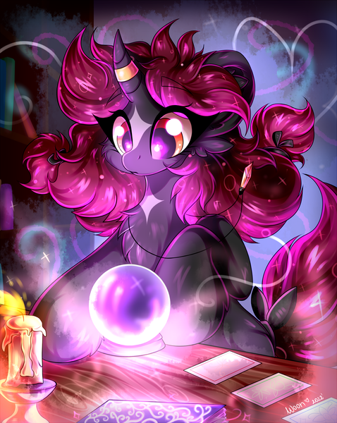 Size: 2000x2513 | Tagged: safe, artist:woonborg, derpibooru import, oc, oc:prism, unofficial characters only, unicorn, candle, card, chest fluff, crooked horn, crystal ball, fortune teller, horn, horn ring, image, jewelry, magic, png, ring, solo