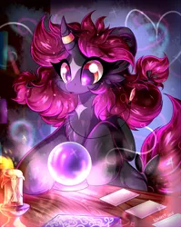 Size: 2000x2513 | Tagged: safe, artist:woonborg, derpibooru import, oc, oc:prism, unofficial characters only, unicorn, candle, card, chest fluff, crooked horn, crystal ball, fortune teller, horn, horn ring, image, jewelry, magic, png, ring, solo