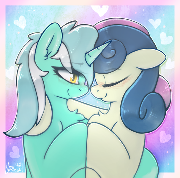 Size: 981x972 | Tagged: safe, artist:llametsul, derpibooru import, bon bon, lyra heartstrings, sweetie drops, earth pony, pony, unicorn, atg 2022, chest fluff, couple, cute, ear fluff, eyes closed, female, floppy ears, heart, image, lesbian, love, lyrabon, newbie artist training grounds, png, shipping, signature