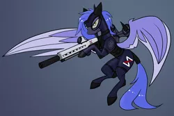 Size: 3600x2411 | Tagged: safe, artist:fenixdust, derpibooru import, oc, oc:azure, unofficial characters only, pegasus, pony, armor, bodyarmor, bodysuit, clothes, commission, female, flying, focused, futuristic, gun, high res, image, jetpack, mare, military, military pony, military uniform, pegasus oc, png, rifle, simple background, skintight, skintight clothes, solo, suit, uniform, weapon, wings, xenestra corporation