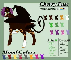 Size: 2048x1740 | Tagged: safe, artist:inisealga, derpibooru import, oc, oc:cherry fuse, unofficial characters only, hybrid, pony, succubus, succubus pony, bat wings, coat markings, devil tail, facial markings, female, image, jpeg, mare, reference, reference sheet, socks (coat marking), solo, tail, wings