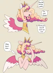 Size: 2014x2757 | Tagged: safe, artist:scarfyace, derpibooru import, princess celestia, alicorn, alternate design, alternate hairstyle, apology, colored, comic, crown, crying, hoof on face, image, jewelry, jpeg, necklace, raised hoof, redesign, regalia, speech bubble, text