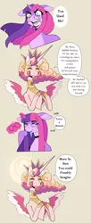 Size: 2012x4944 | Tagged: safe, artist:scarfyace, derpibooru import, princess celestia, twilight sparkle, alicorn, unicorn, alternate design, alternate hairstyle, choker, colored, comic, crown, crying, fangs, floppy ears, glasses, glow, glowing eyes, goth, halo, hoof shoes, hooves, hooves together, image, jewelry, jpeg, magic, misspelling, redesign, regalia, sharp teeth, speech bubble, teeth, telekinesis, text, unicorn twilight, wiping tears