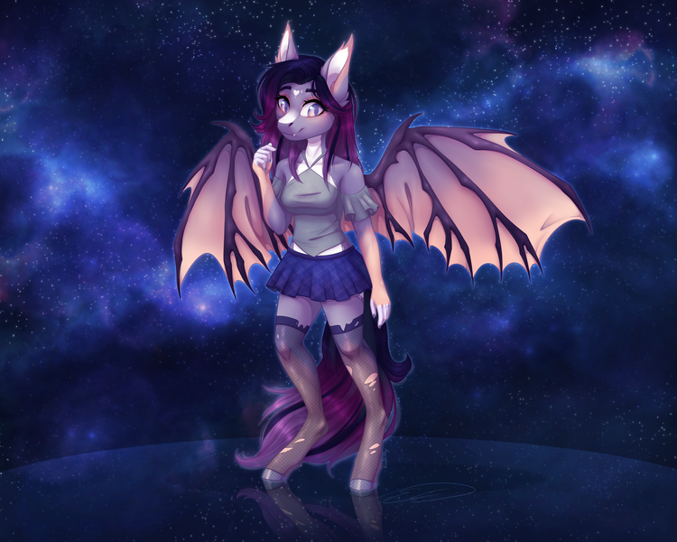 Size: 4500x3600 | Tagged: safe, artist:doekitty, derpibooru import, oc, oc:dawn aurora, anthro, bat pony, unguligrade anthro, clothes, female, image, png, shirt, skirt, socks, solo, stockings, thigh highs