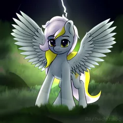 Size: 2048x2048 | Tagged: safe, artist:darbedarmoc, derpibooru import, oc, unofficial characters only, pegasus, pony, fog, grass, image, lightning, looking at you, night, png, rain, solo, spread wings, tail, two toned mane, two toned tail, wings