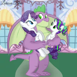 Size: 720x720 | Tagged: safe, artist:mlplary6, derpibooru import, rarity, spike, oc, oc:pearl, dracony, dragon, hybrid, pony, unicorn, carrying, family, female, filly, foal, image, interspecies offspring, looking at each other, looking at someone, male, mare, offspring, older, older spike, parent:rarity, parent:spike, parents:sparity, png, shipping, smiling, smiling at each other, sparity, straight
