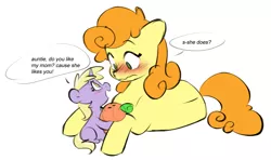 Size: 1280x759 | Tagged: safe, artist:chub-wub, derpibooru import, carrot top, dinky hooves, golden harvest, earth pony, pony, unicorn, blank flank, blushing, carrot, cute, duo, female, filly, flustered, foal, food, image, implied derpy, implied derpytop, implied lesbian, implied shipping, jpeg, lying down, mare, plushie, prone, simple background, sitting, white background